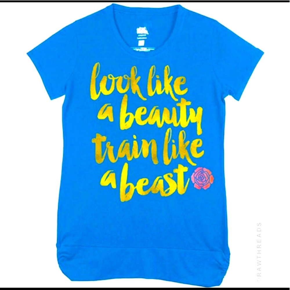 Raw Threads “Look Like a Beauty, Train Like a Beast” Blue & Yellow Workout Top